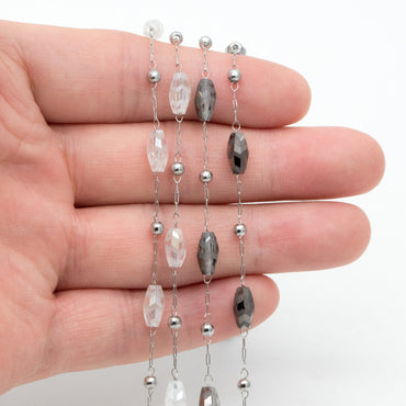 Stainless Steel Glass Beaded Chains, Clear AB Beads (#LK-588-1)/ 1 Meter=3.3 ft