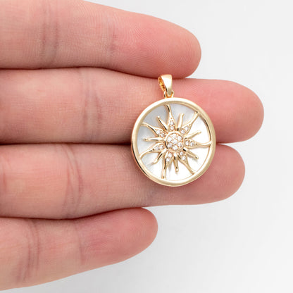 4pcs Shell Pave Gold Sun Charm, 18K Gold plated Brass, CZ Sun Pendants(GB-2259-F)