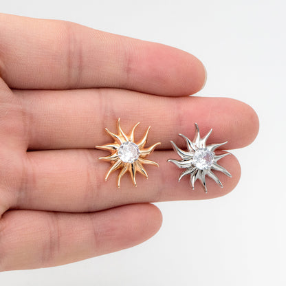 4pcs CZ Paved Sun Earring with Loop, 18x20mm, Real Gold/ Rhodium Plated Brass Stud Earrings (#GB-3507)