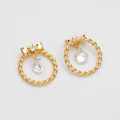 4pcs CZ Gold Bowknot Ring charms, 18K Gold plated Brass, Christmas Round Hoop Circle Pendents(GB-713-M)