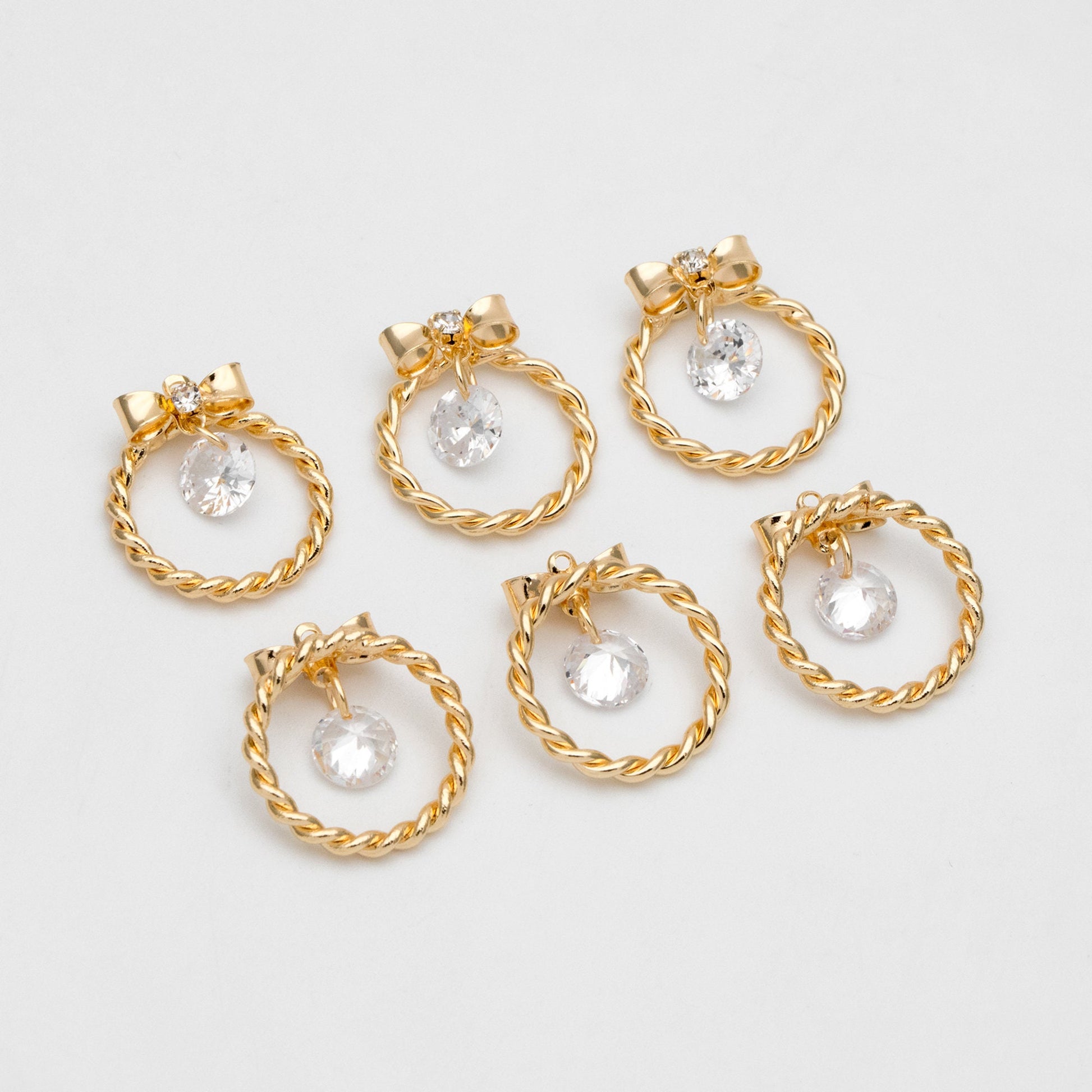 4pcs CZ Gold Bowknot Ring charms, 18K Gold plated Brass, Christmas Round Hoop Circle Pendents(GB-713-M)