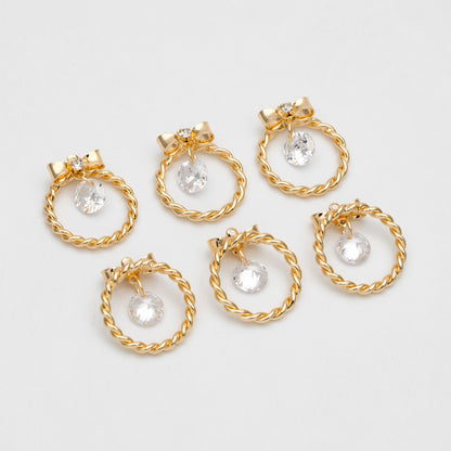 4pcs CZ Gold Bowknot Ring charms, 18K Gold plated Brass, Christmas Round Hoop Circle Pendents(GB-713-M)
