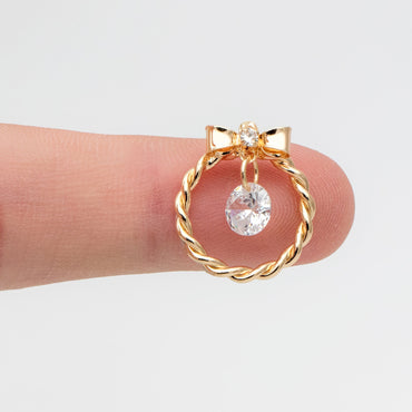 4pcs CZ Gold Bowknot Ring charms, 18K Gold plated Brass, Christmas Round Hoop Circle Pendents(GB-713-M)