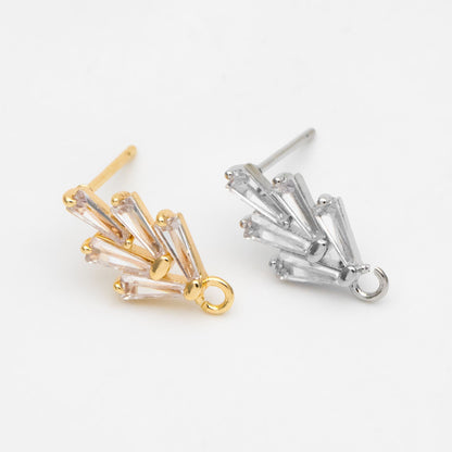 10pcs CZ pave Leaf Ear Posts 15x8mm, Gold/ Rhodium plated Brass, Dainty Stud Earrings, Sterling Silver Pin (#GB-314)