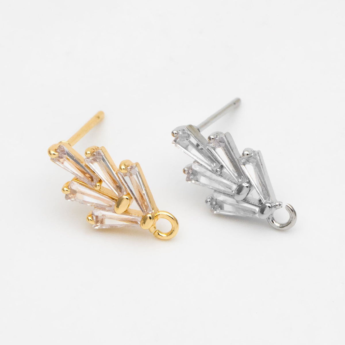 4pcs CZ pave Leaf Ear Posts 15x8mm, Gold/ Rhodium plated Brass, Dainty Stud Earrings (#GB-314-D)