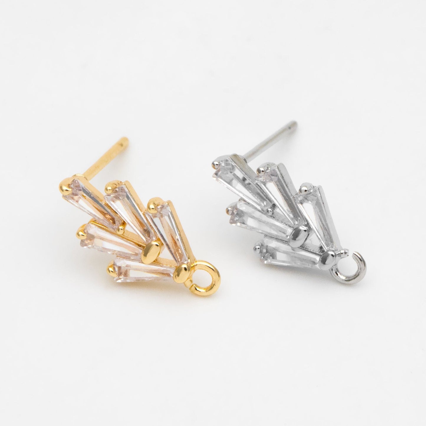 10pcs CZ pave Leaf Ear Posts 15x8mm, Gold/ Rhodium plated Brass, Dainty Stud Earrings, Sterling Silver Pin (#GB-314)