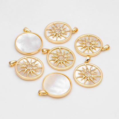 4pcs Shell Pave Gold Sun Charm, 18K Gold plated Brass, CZ Sun Pendants(GB-2259-F)