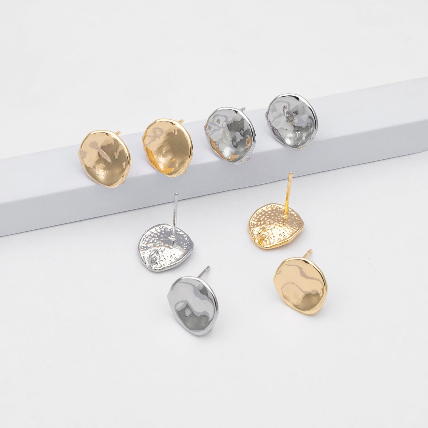 10pcs Gold/ Silver waved Round Disc textured Ear Posts 12x10mm, 18K Gold/ Rhodium plated Brass, Geometric Stud Earring Components (GB-1161)