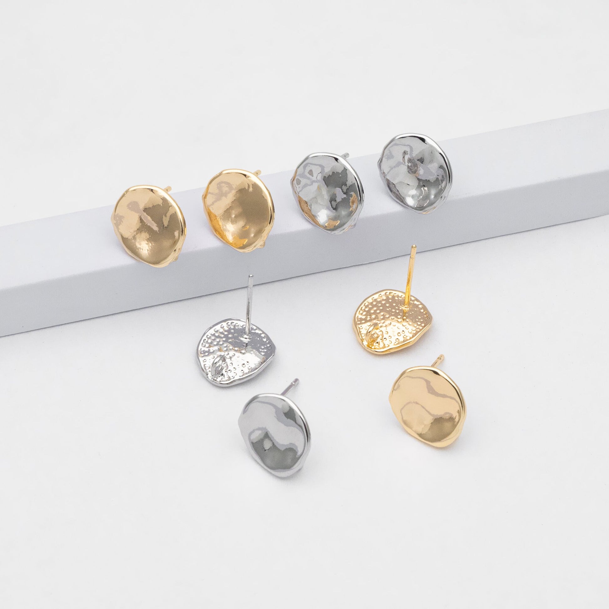 10pcs Gold/ Silver waved Round Disc textured Ear Posts 12x10mm, 18K Gold/ Rhodium plated Brass, Geometric Stud Earring Components (GB-1161)
