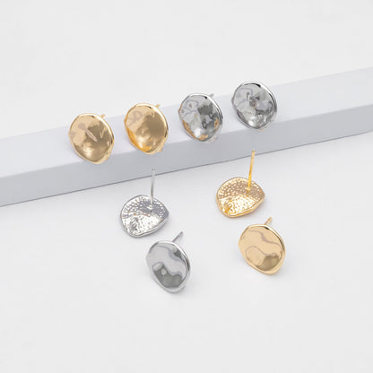 10pcs Gold/ Silver waved Round Disc textured Ear Posts 12x10mm, 18K Gold/ Rhodium plated Brass, Geometric Stud Earring Components (GB-1161)