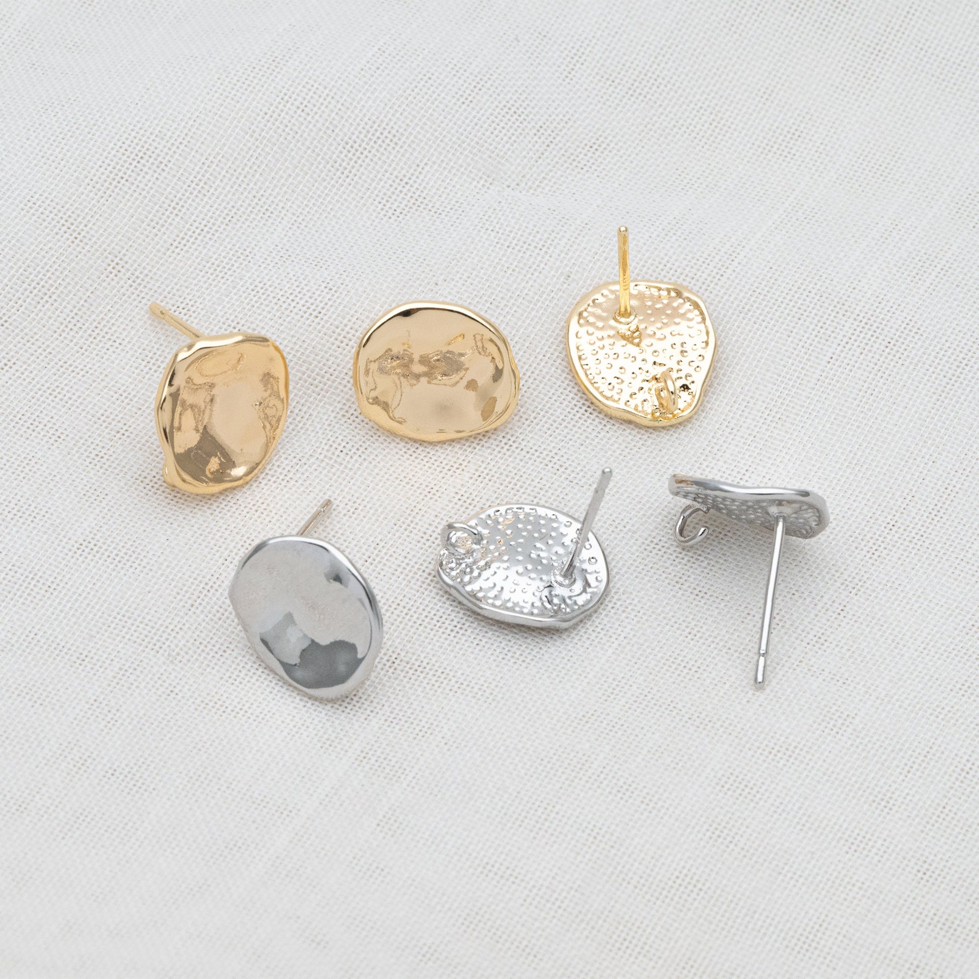 10pcs Gold/ Silver waved Round Disc textured Ear Posts 12x10mm, 18K Gold/ Rhodium plated Brass, Geometric Stud Earring Components (GB-1161)