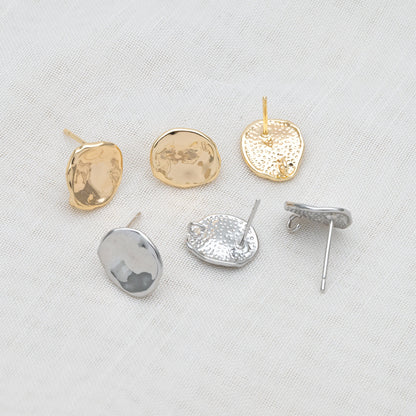 10pcs Gold/ Silver waved Round Disc textured Ear Posts 12x10mm, 18K Gold/ Rhodium plated Brass, Geometric Stud Earring Components (GB-1161)