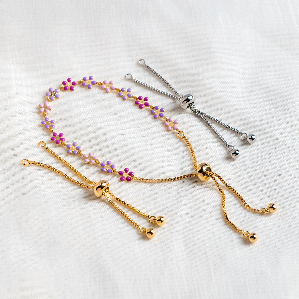 4pcs Gold/ Silver Sliding Adjustable Bracelet Making Chains, Half-finished Bracelet with Rubber Stopper Beads (GB-269-A)
