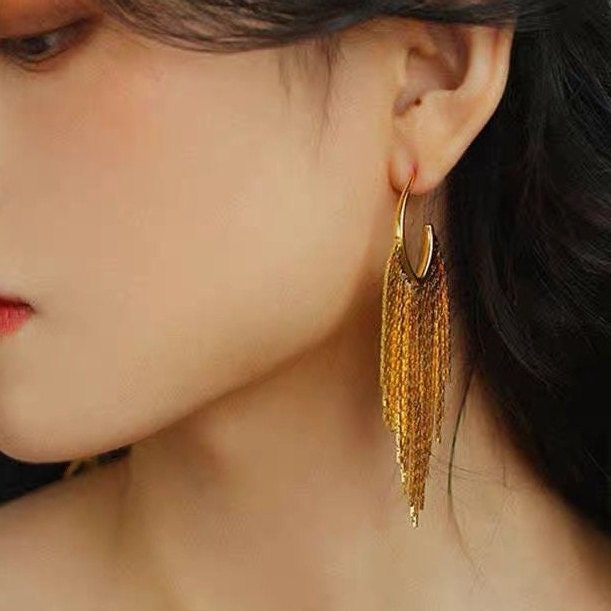 4pcs Chain Tassel Earrings, Long Tassel Stud Earring, Gold Dangling Earrings, Minimalist Earrings (GB-3338)