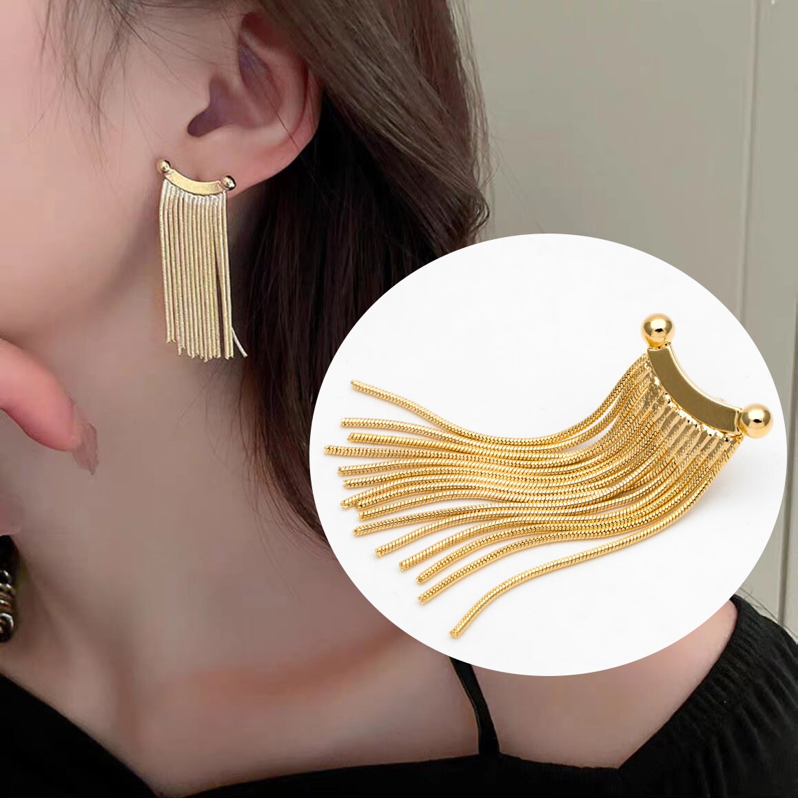 4pcs Chain Tassel Earrings, Long Tassel Stud Earring, Gold Dangling Earrings, Minimalist Earrings (GB-3355)