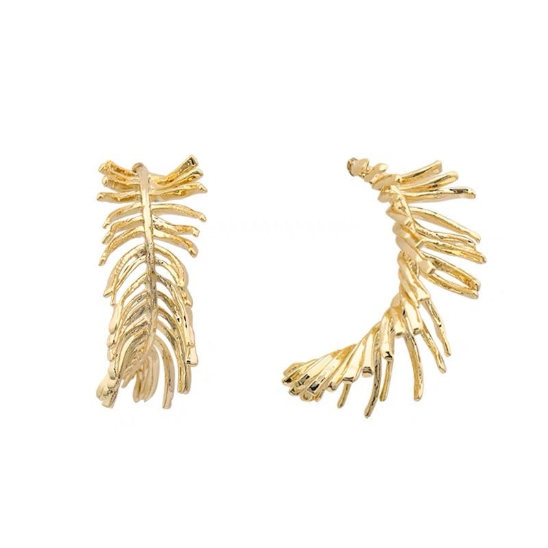4pcs Gold Feather Earring, Leaf Hoop Earring, Metal Statement Earring, Modern Metal Earring, Gift For Her, Minimalist Earring (GB-2827)