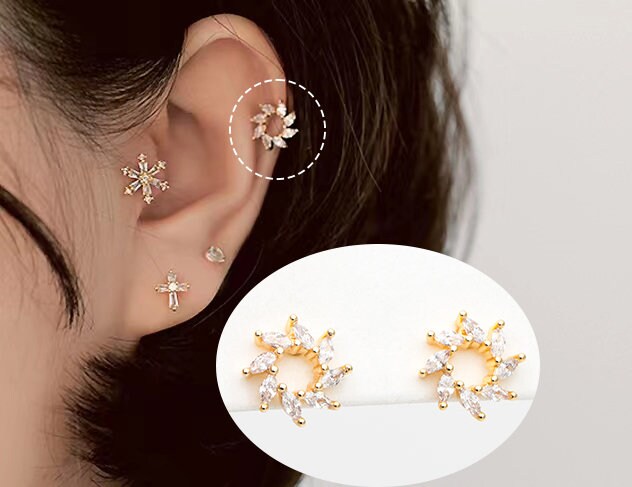 4pcs CZ Pave Gold Flower Ear Posts 10mm, Gold Plated Brass Hoop Earrings (GB-3377)