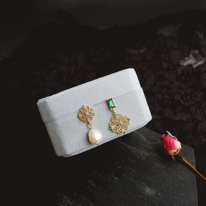 10pcs Emerald CZ Pave Filigree Flower Earring with Loop, 12mm, Real Gold Plated Brass Stud Earrings with Loop (#GB-384)