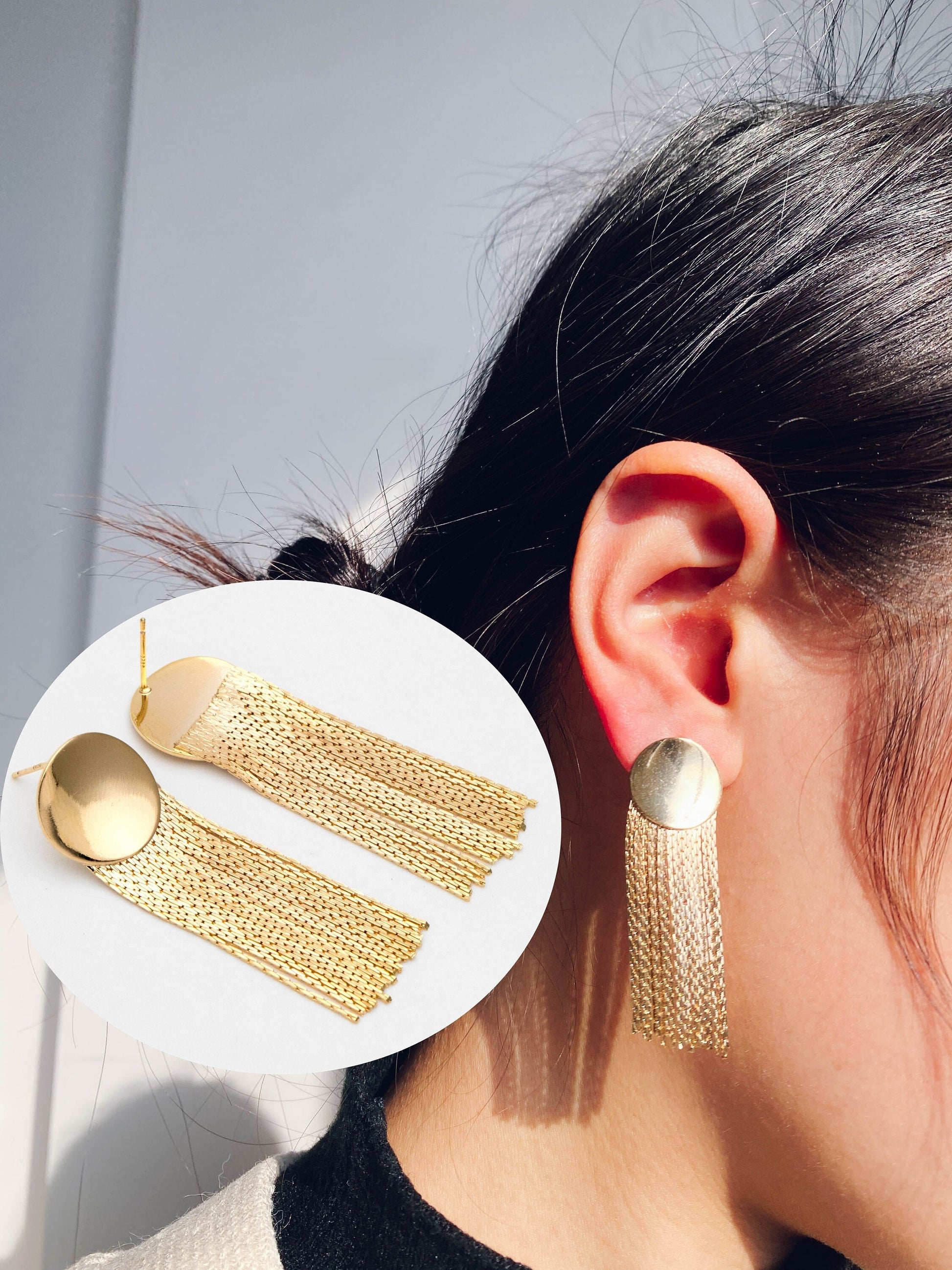 4pcs Gold Round Disc Tassel Ear Posts 48mm, 18K Gold plated Brass Dangling Stud Earring (GB-3356)