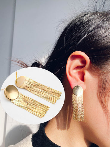4pcs Gold Round Disc Tassel Ear Posts 48mm, 18K Gold plated Brass Dangling Stud Earring (GB-3356)