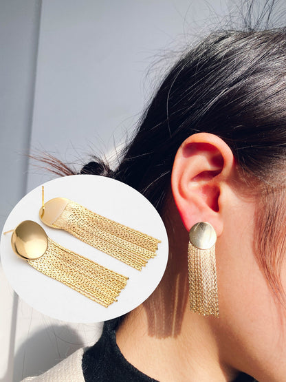 4pcs Gold Round Disc Tassel Ear Posts 48mm, 18K Gold plated Brass Dangling Stud Earring (GB-3356)