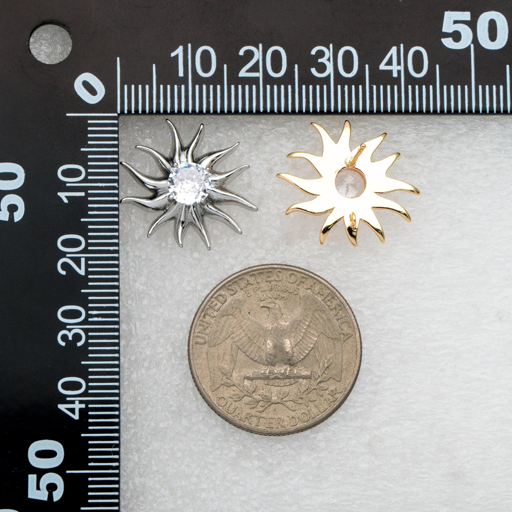 4pcs CZ Paved Sun Earring with Loop, 18x20mm, Real Gold/ Rhodium Plated Brass Stud Earrings (#GB-3507)