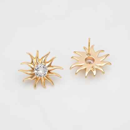 4pcs CZ Paved Sun Earring with Loop, 18x20mm, Real Gold/ Rhodium Plated Brass Stud Earrings (#GB-3507)