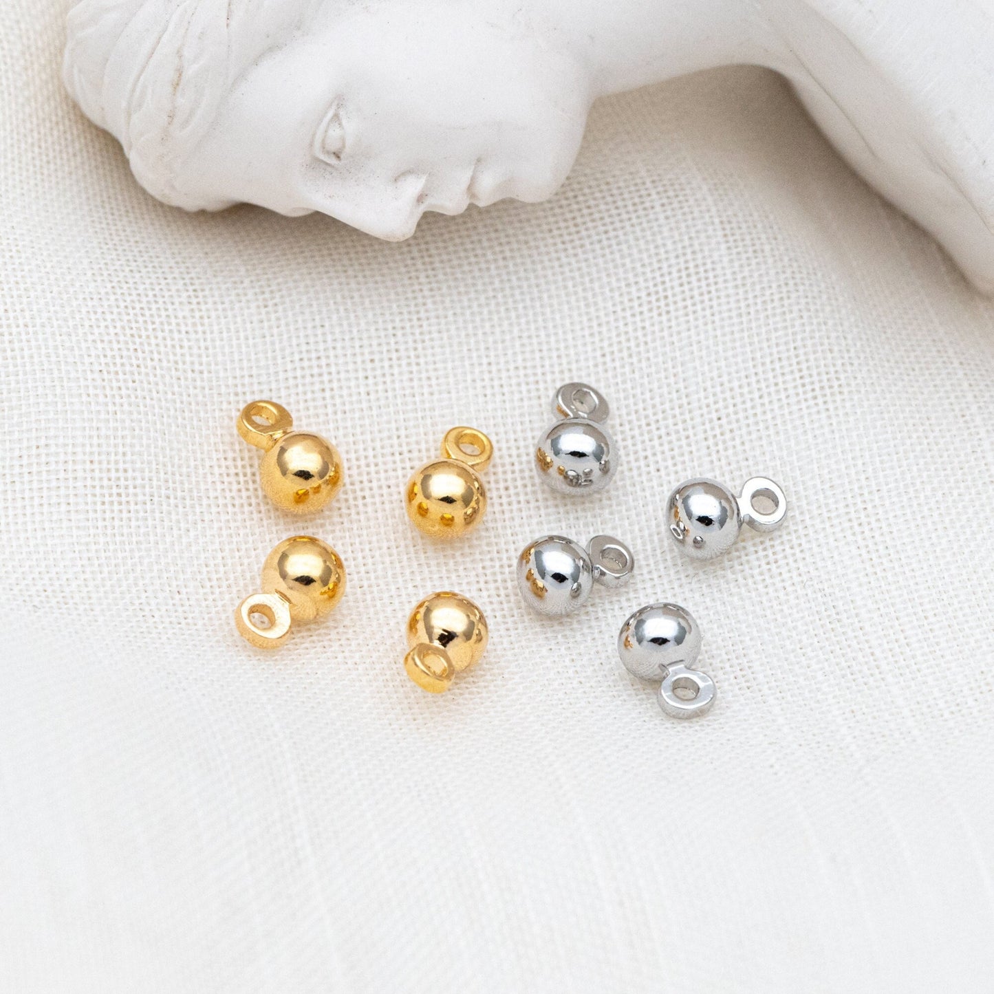 10pcs Mini Round Gold/ Silver Ball Charms 6x4mm DANGLE with Loop, Real Gold/ Rhodium plated Brass Tiny Drop Beads, Lead Nickel Free (GB-081)