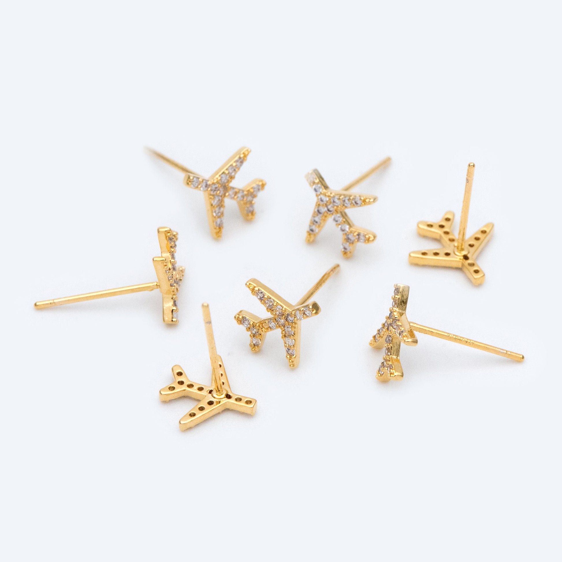 10pcs Airplane Stud Earrings, 9mm, CZ Pave Gold Plane Ear Posts (#GB-1483)