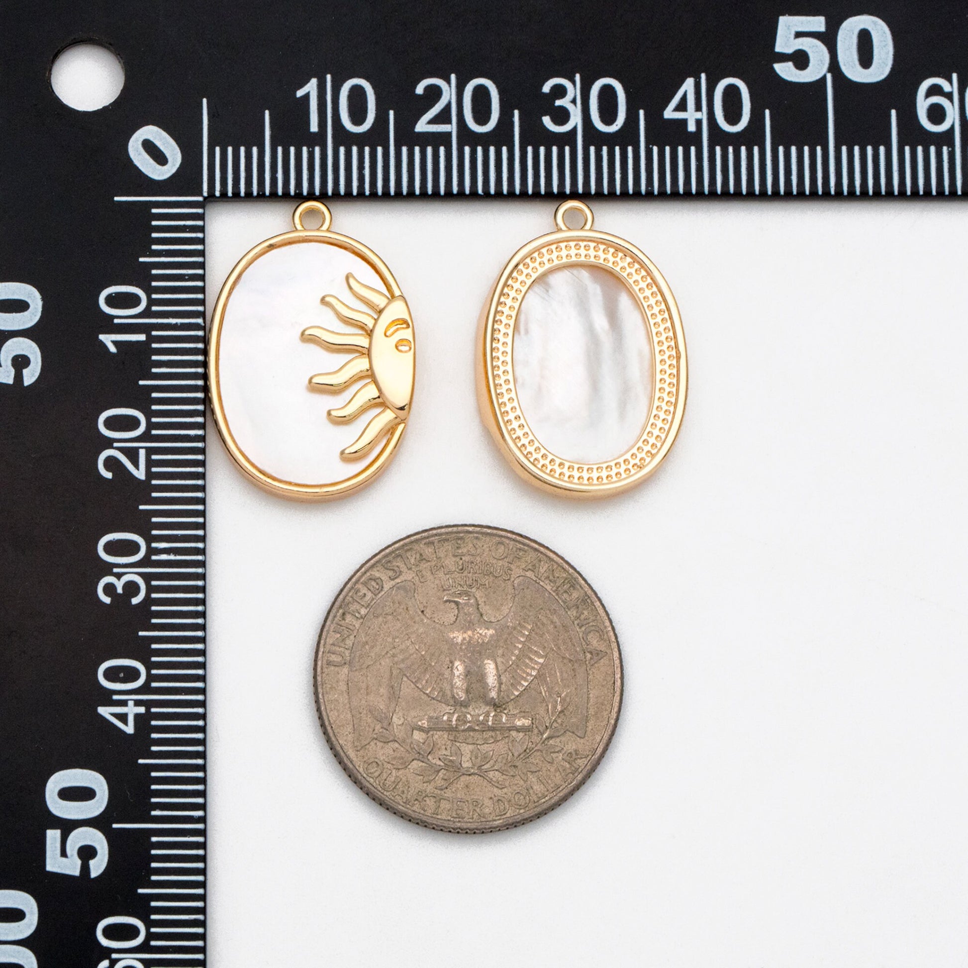 4pcs Shell Pave Gold Sun Charm, 18K Gold plated Brass, Sun Face Oval Pendants (GB-2259-G)