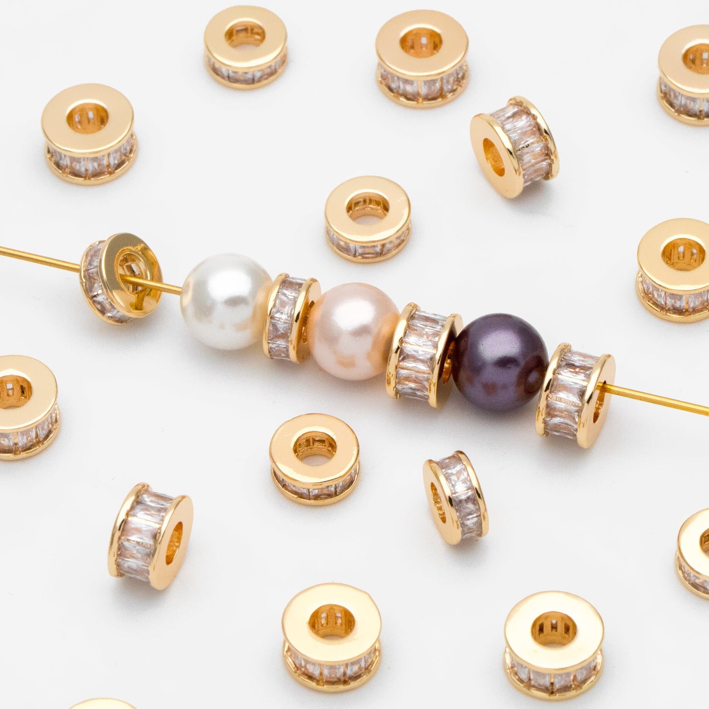 4pcs CZ Pave Gold/ Silver Round Spacer Beads, 7/ 7.7mm, Jewelry Making Supplies Wholesale (GB-3516)