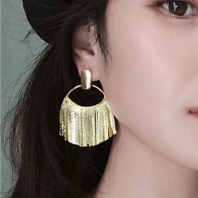 4pcs Gold Oval Hoop Tassel Ear Posts 52mm, 18K Gold plated Brass Dangling Stud Earring (GB-3351)
