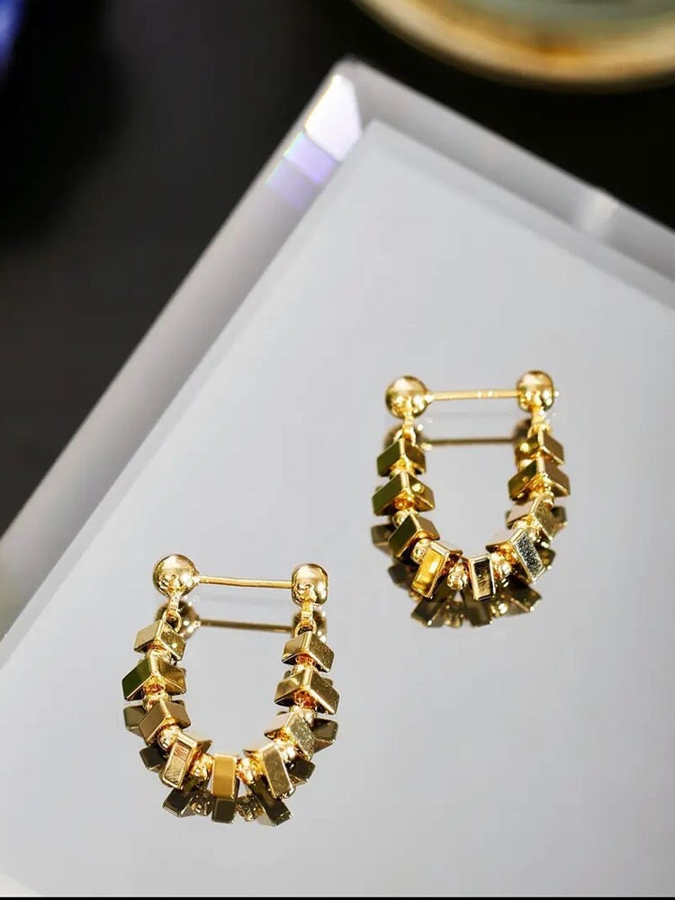 4pcs Gold Triangle Bead Chain Ear Post with Ear Back, Real Gold Plated Brass Chain Earring Studs (GB-3346)