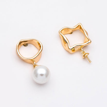 10pcs Gold Asymmetry Circle Square Earring Posts, Geometric Shape Earring, Half Drilled Pearl Mounts, Pearl Earring Settings (#GB-2941)