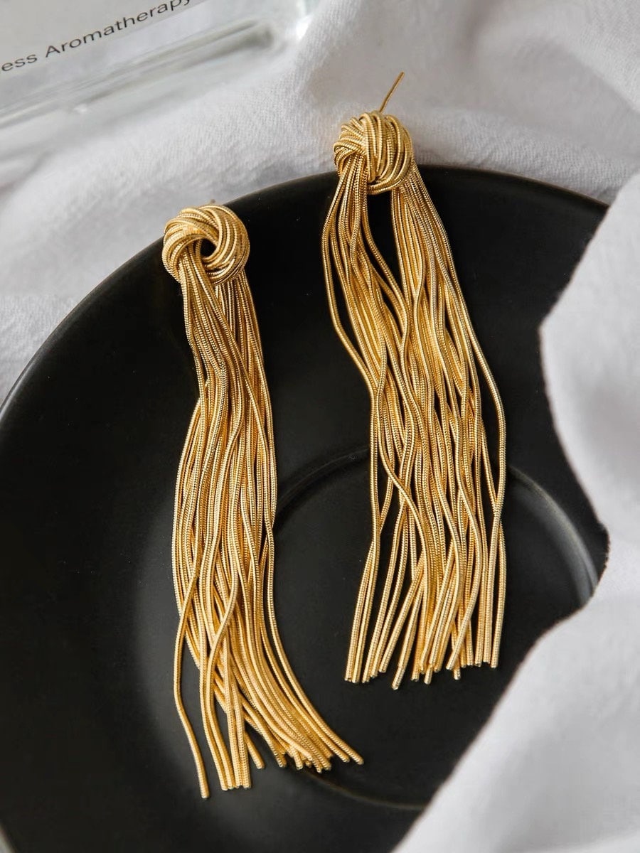 4pcs Gold /Silver Tone Knot Tassel Earring 88mm, 18K Gold/ Rhodium plated Brass, Long Chain Dangle Stud Earring (GB-3514)