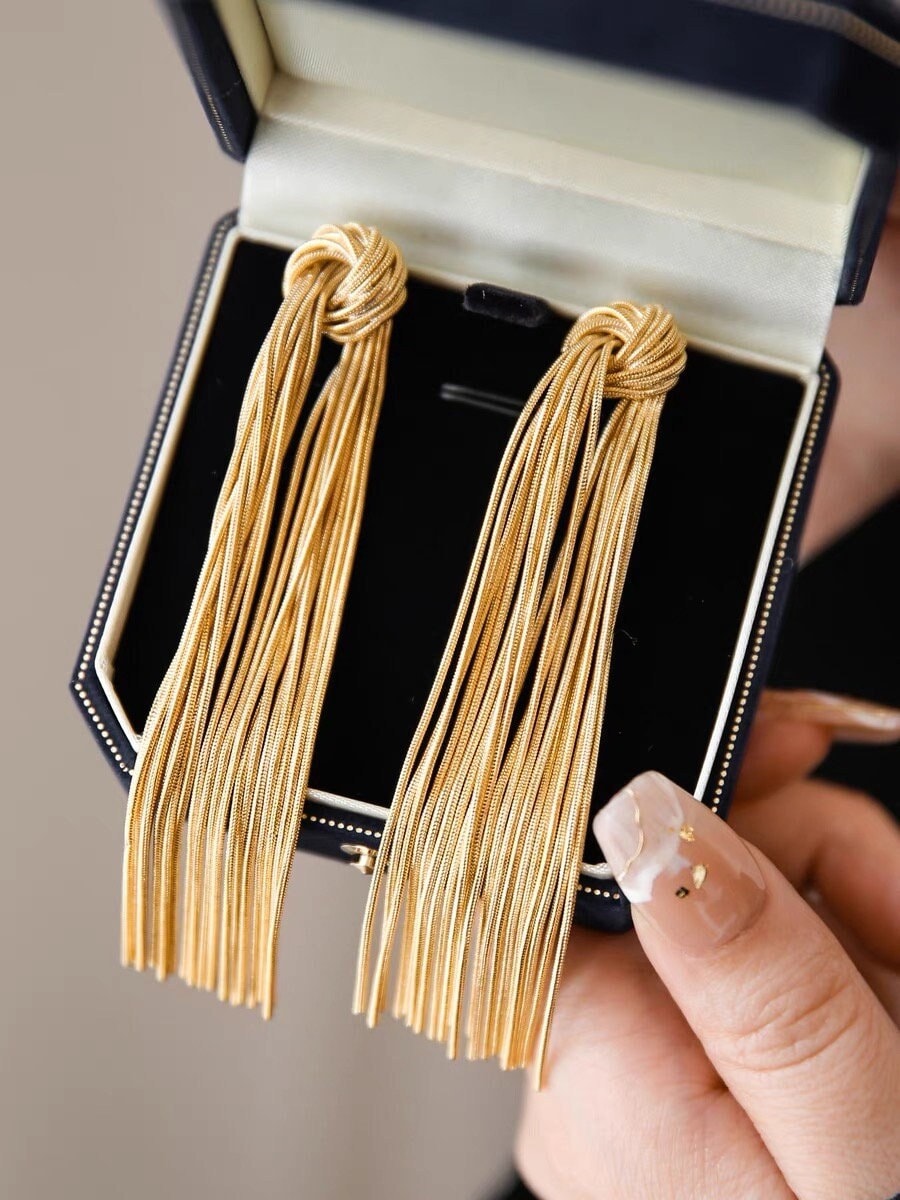 4pcs Gold /Silver Tone Knot Tassel Earring 88mm, 18K Gold/ Rhodium plated Brass, Long Chain Dangle Stud Earring (GB-3514)
