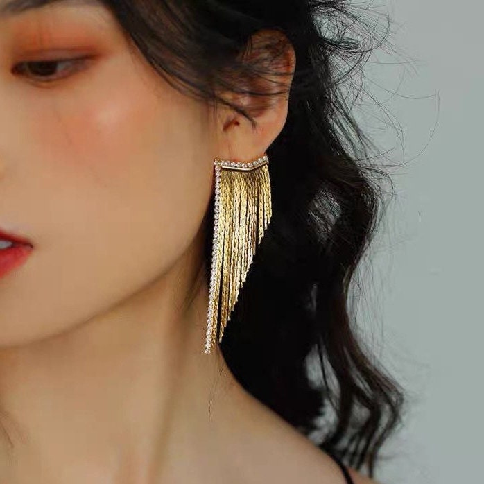 4pcs CZ Pave Chain Tassel Earrings, Long Tassel Stud Earring, Gold Dangling Earrings, Minimalist Earrings (GB-3470)