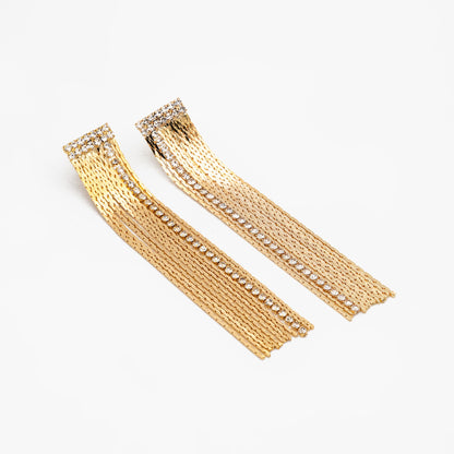 4pcs CZ Pave Chain Tassel Earrings, Long Tassel Stud Earring, Gold Dangling Earrings, Minimalist Earrings (GB-3556)