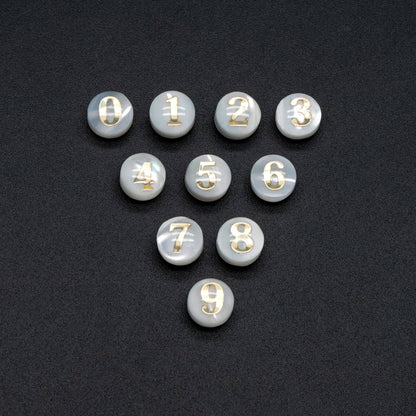 6mm Natural Shell with Gold Number Beads- Coin Puff Spacer - Double Sided Number (V1406)