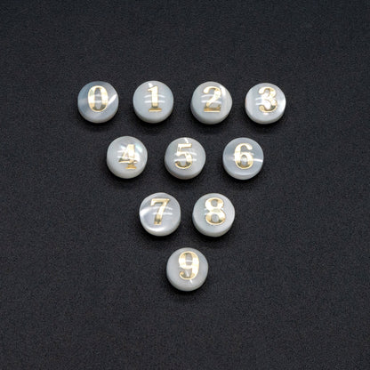 6mm Natural Shell with Gold Number Beads- Coin Puff Spacer - Double Sided Number (V1406)