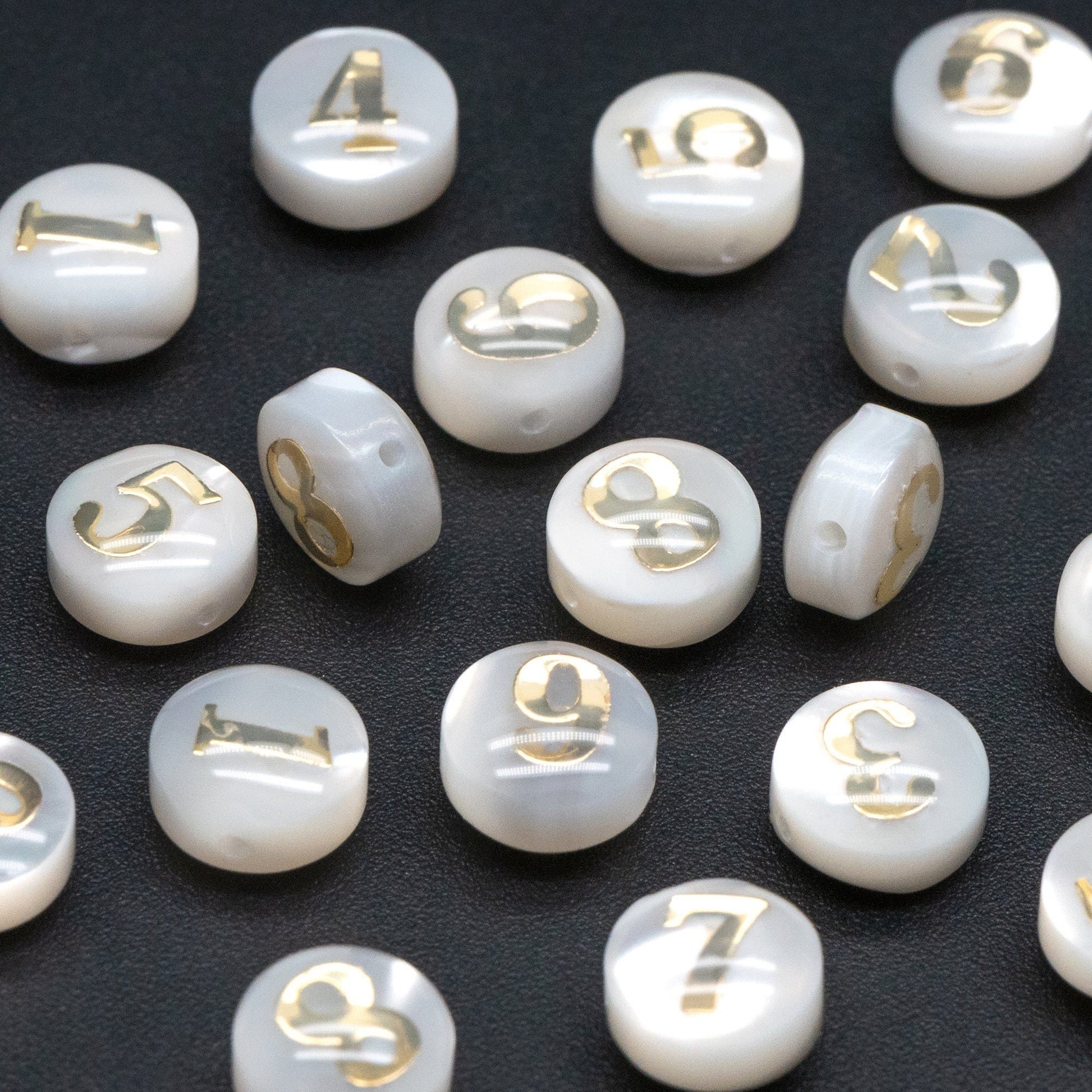 6mm Natural Shell with Gold Number Beads- Coin Puff Spacer - Double Sided Number (V1406)