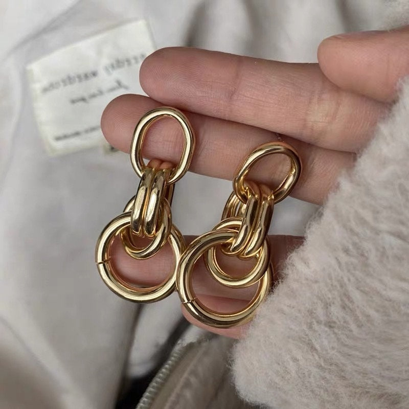 4pcs Gold / Silver Tone Thick Tube Hoops, Gold Hoop Earrings, Hollow Hoop Earrings, Chunky Hoops, Light Hoops (GB-1688)