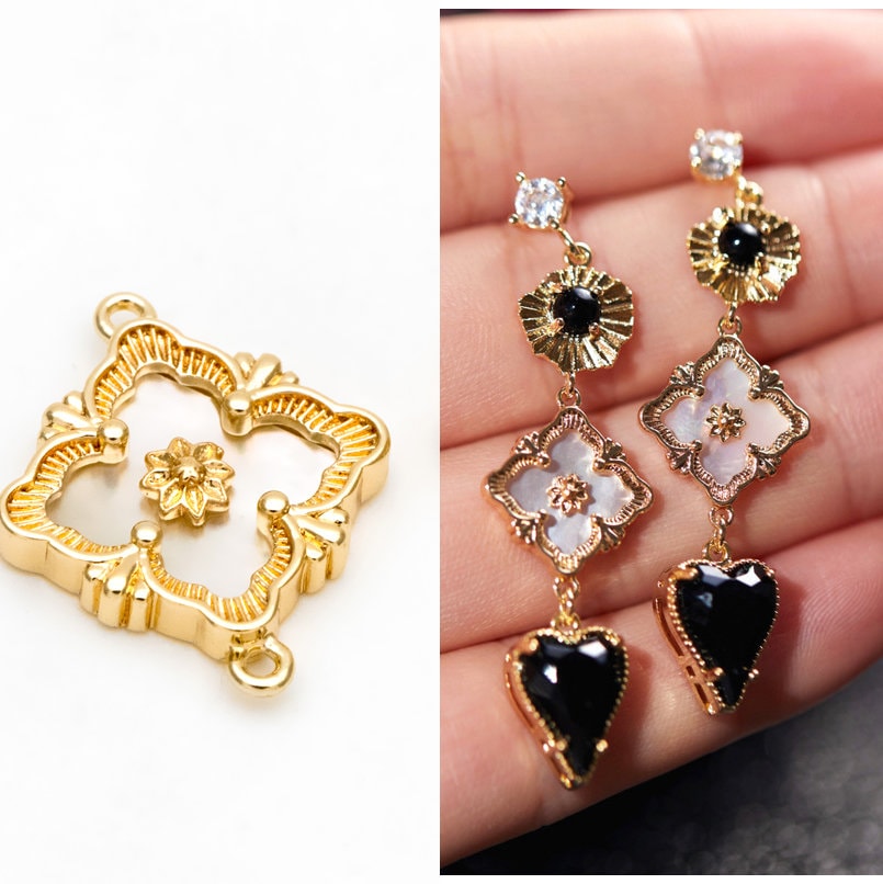 10pcs Shell Pave Gold Flower Charms, 18K Gold plated Brass, Rhombus Flower Pendants Connector (GB-3780-L)