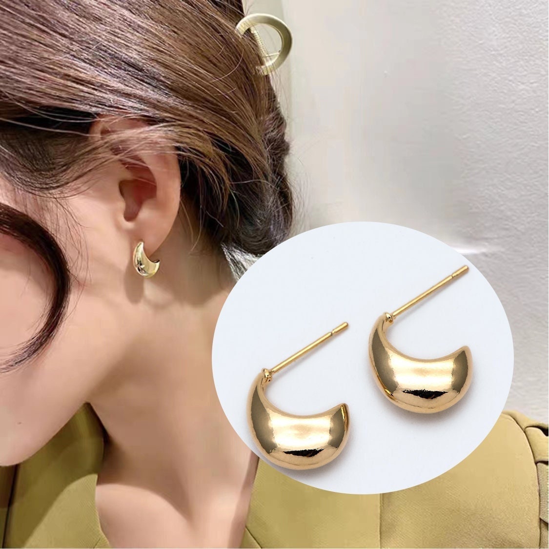 10pcs Gold/Silver tone Minimalist Ear Posts, 18K Gold plated Brass Ear Posts, Moon Stud Earring (GB-1850)