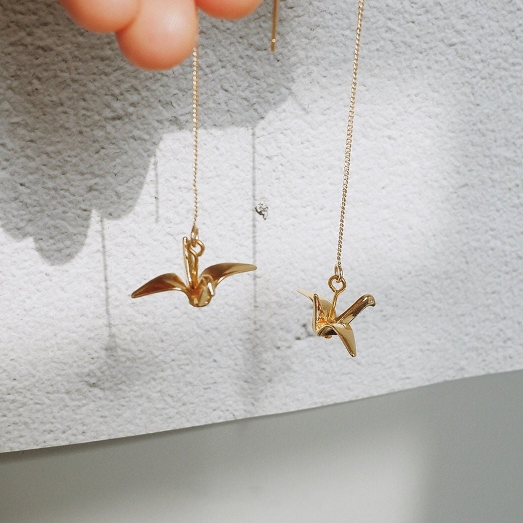 10pcs Origami Paper Crane Charms, Real Gold plated Brass Bird Beads 14/24mm, with A Hole Drilled Through (GB-072)