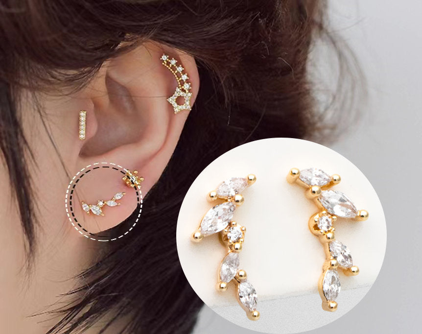4pcs Leaf Stud Earrings, 18K Gold Plated Brass, CZ Pave Branch Earrings (GB-3369-H)