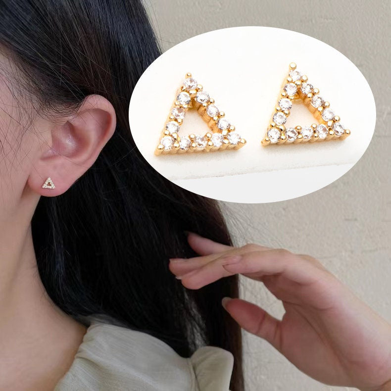 4pcs CZ Pave Triangle Earring Posts 6x7mm/ 7x8mm, 18K Gold Plated Brass, Triangle Stud Earrings (#GB-3382)