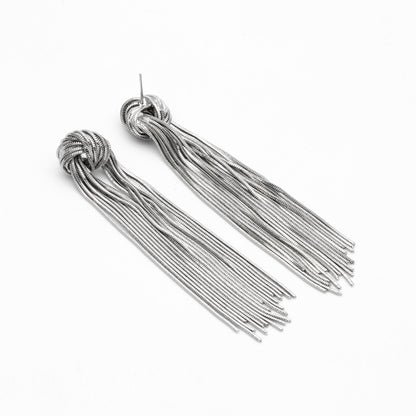 4pcs Gold /Silver Tone Knot Tassel Earring 88mm, 18K Gold/ Rhodium plated Brass, Long Chain Dangle Stud Earring (GB-3514)