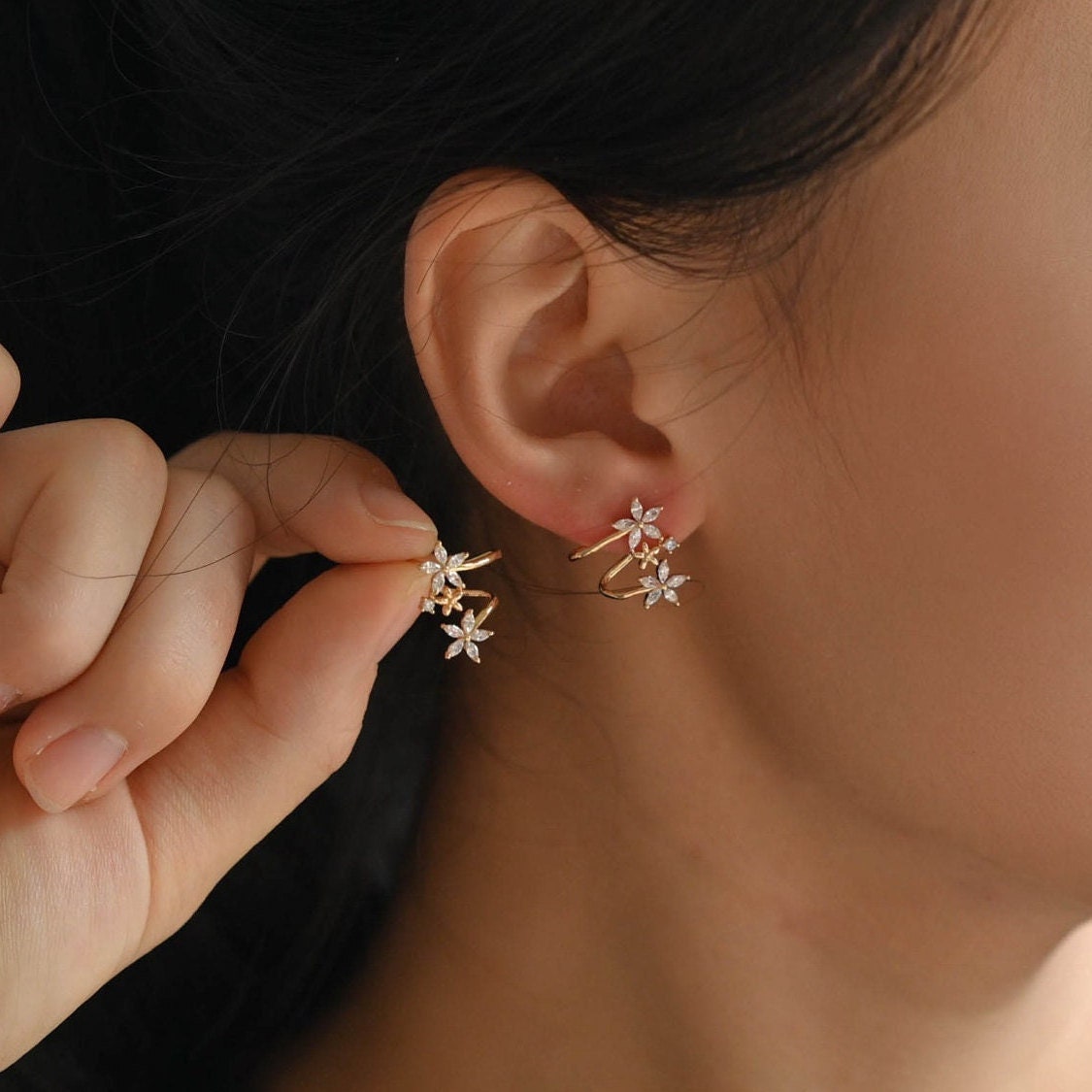 4pcs Flower Ear Cuff Studs, 18K Gold plated Brass, CZ pave Ear Climbers, Floral Ear Crawlers, Wrap Statement Earrings (#GB-773)