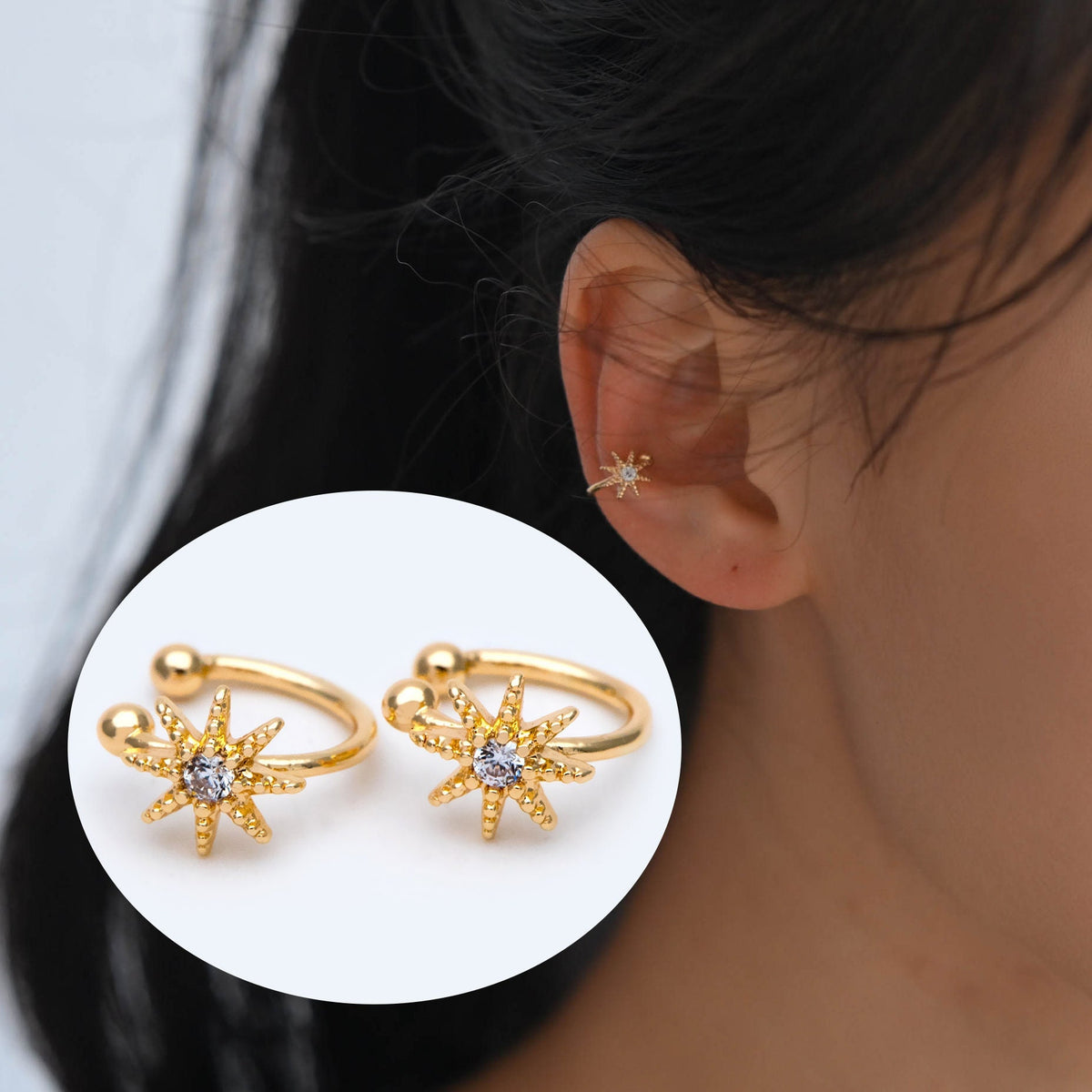 10pcs Cubic Zirconia Adjustable Gold Ear Cuffs, Gold plated Brass Earwire Earring Clips (GB-3539-C)